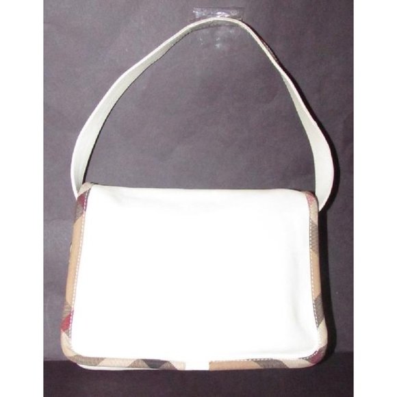 Burberry Purses Plaid Trim White Leather With Nova Check And Coated Canvas Bag - Picture 2 of 12